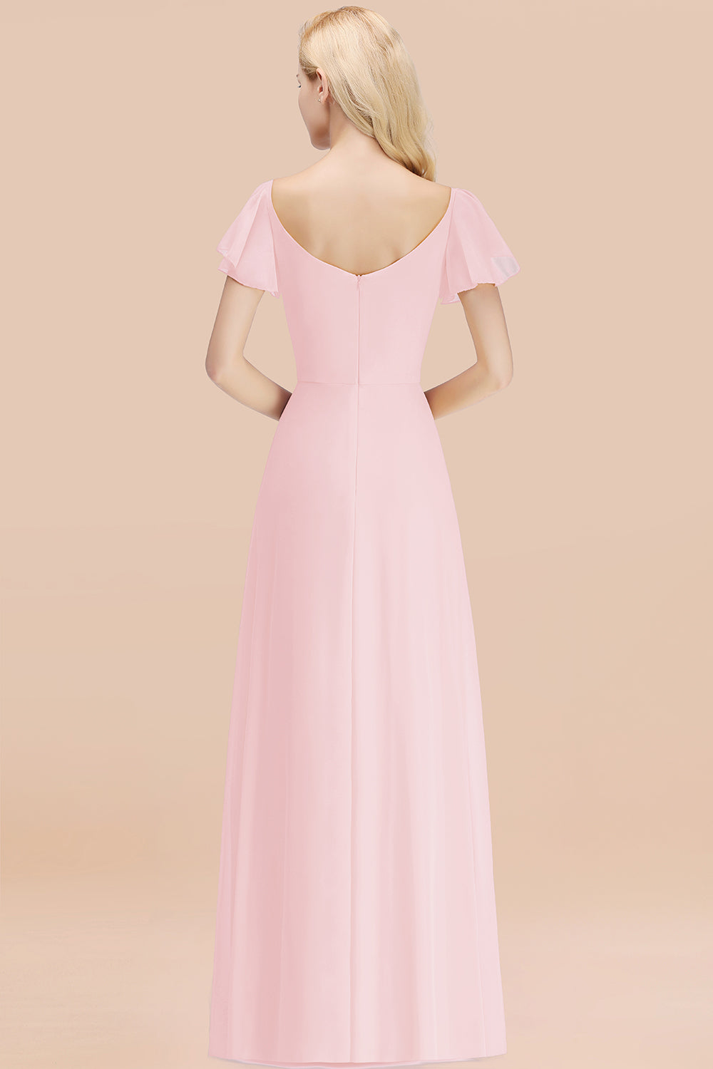Elegant V Neck Short Sleeves Chiffon A-line Long Blushing Pink Bridesmaid Dress