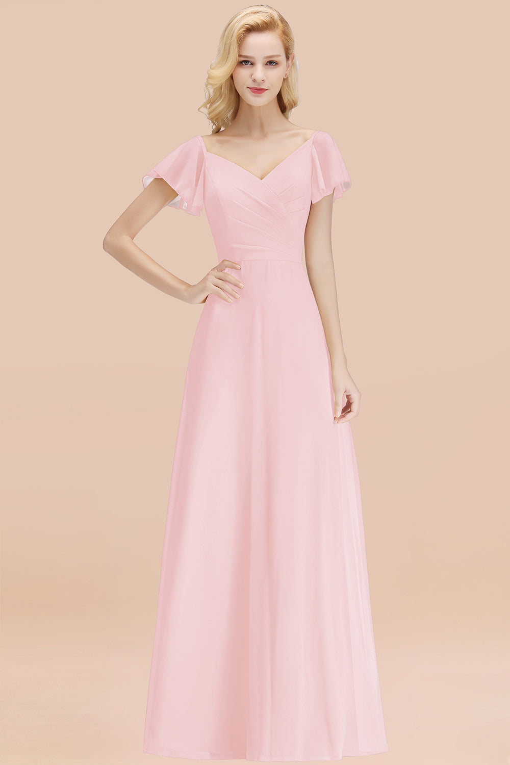 Elegant V Neck Short Sleeves Chiffon A-line Long Blushing Pink Bridesmaid Dress