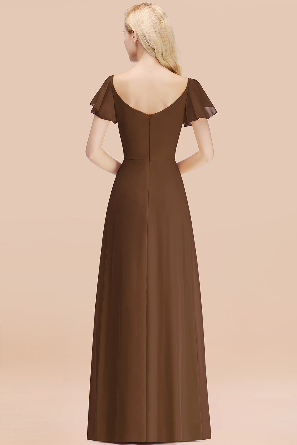 Elegant V Neck Short Sleeves Chiffon A-line Long Brown Bridesmaid Dress