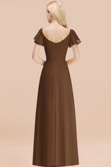 Elegant V Neck Short Sleeves Chiffon A-line Long Brown Bridesmaid Dress