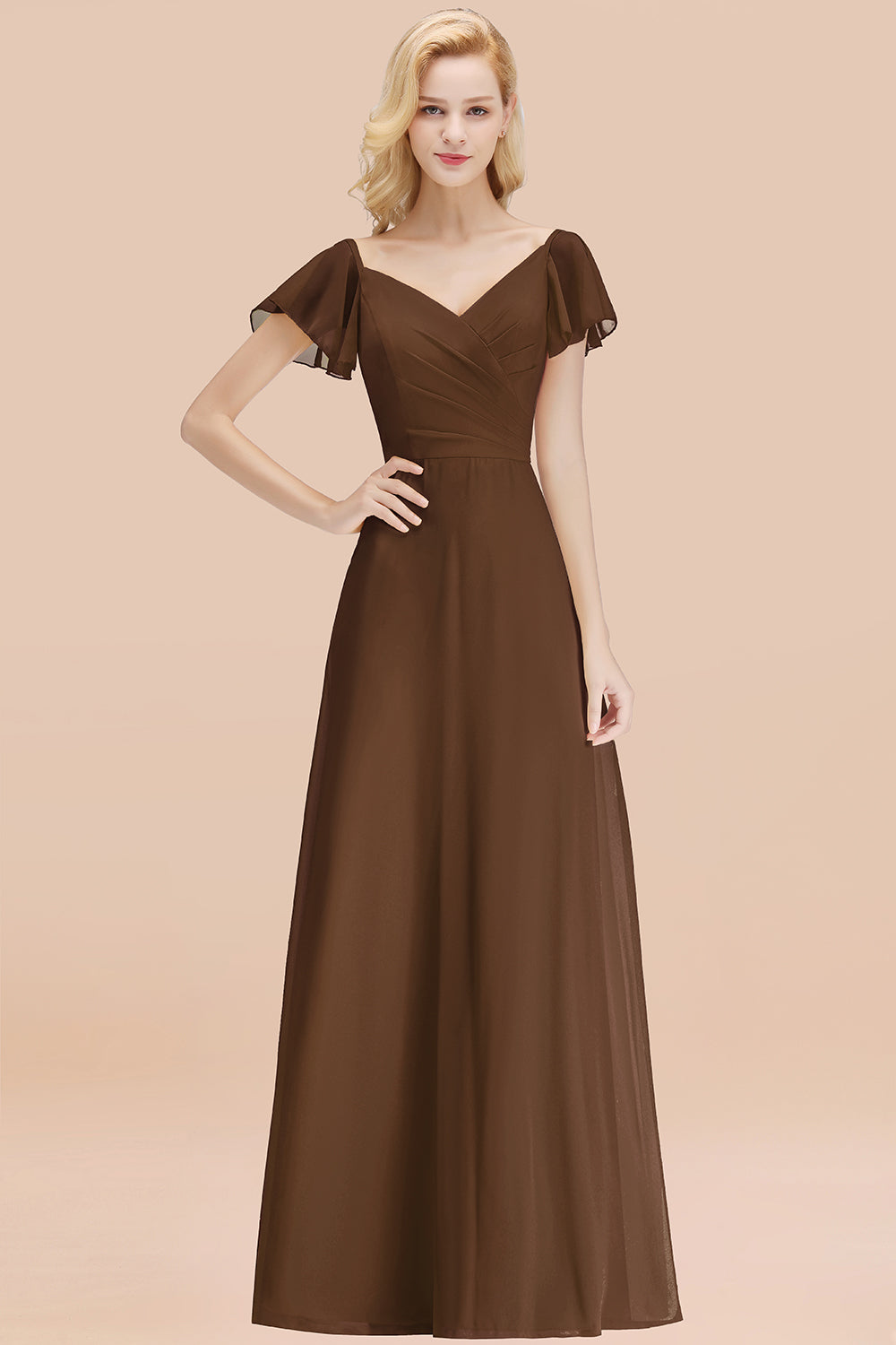 Elegant V Neck Short Sleeves Chiffon A-line Long Brown Bridesmaid Dress