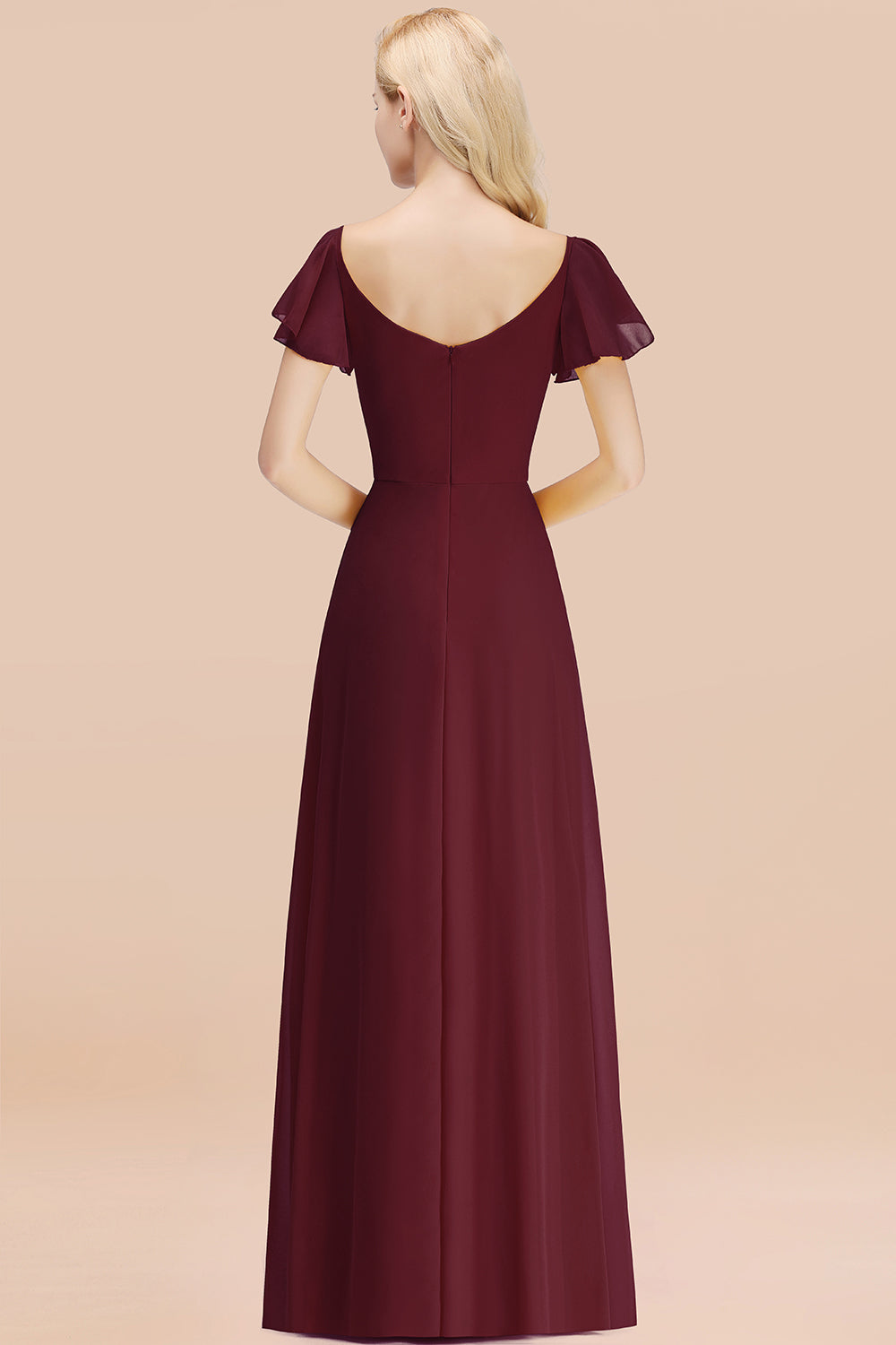 Elegant V Neck Short Sleeves Chiffon A-line Long Burgundy Bridesmaid Dress