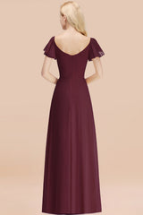 Elegant V Neck Short Sleeves Chiffon A-line Long Cabenet Bridesmaid Dress