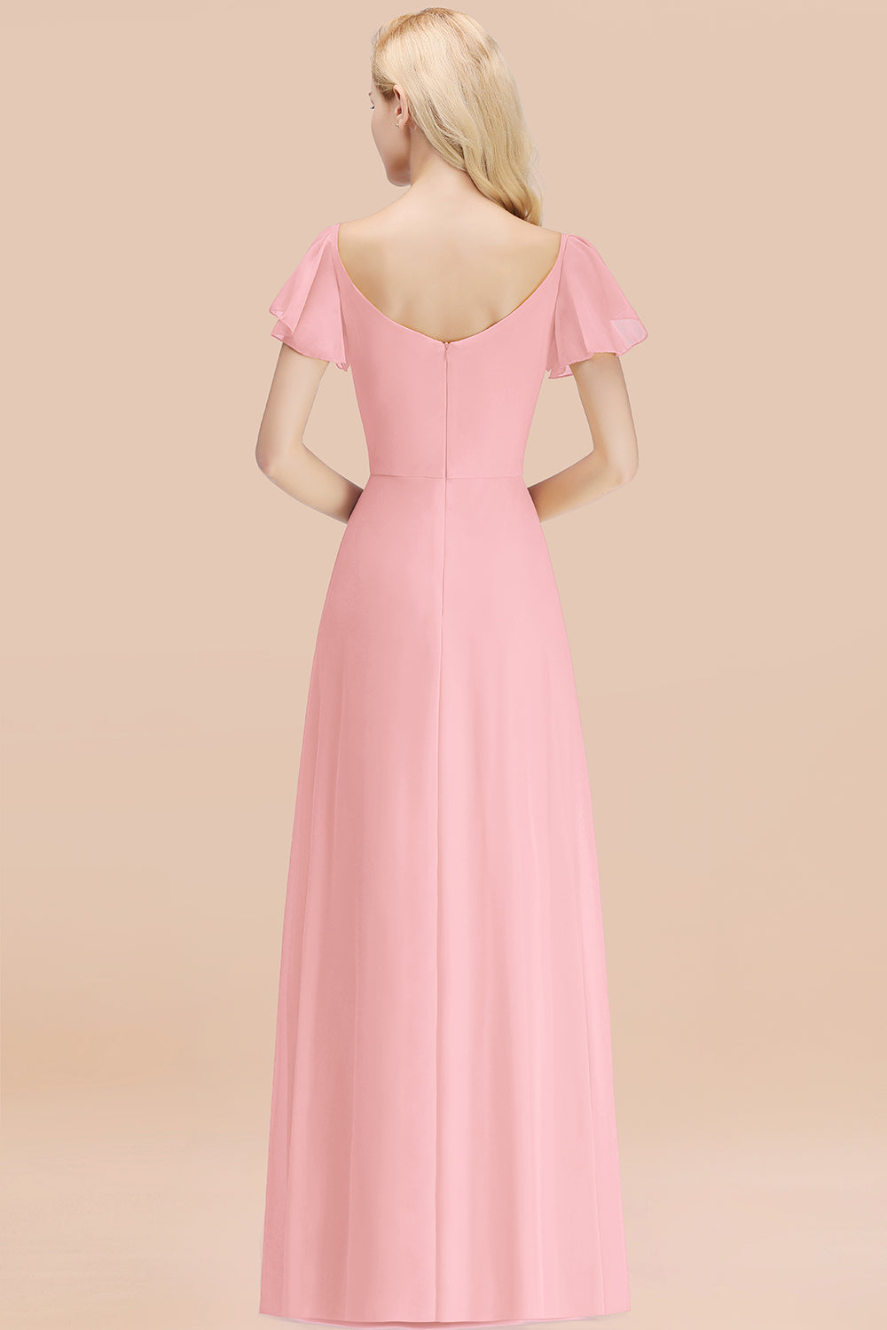 Elegant V Neck Short Sleeves Chiffon A-line Long Candy Pink Bridesmaid Dress