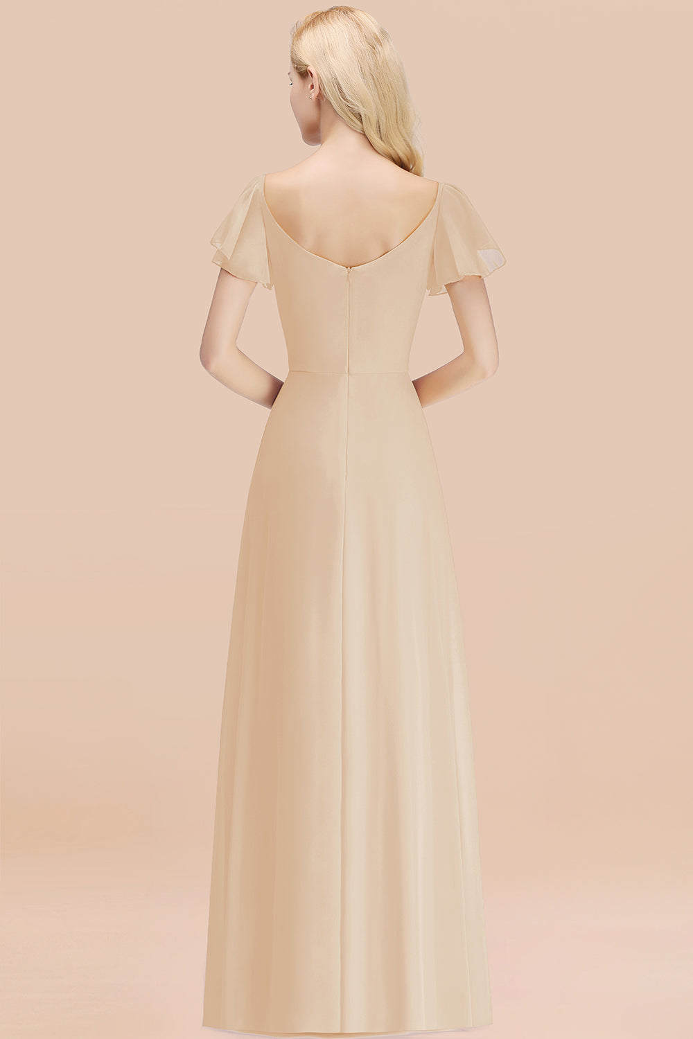 Elegant V Neck Short Sleeves Chiffon A-line Long Champagne Bridesmaid Dress