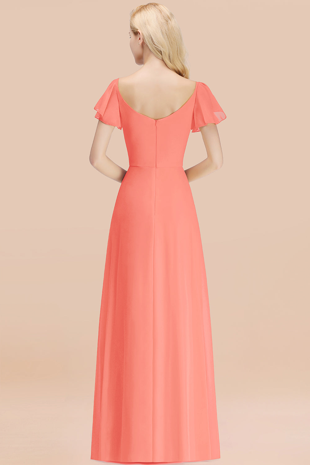 Elegant V Neck Short Sleeves Chiffon A-line Long Coral Bridesmaid Dress