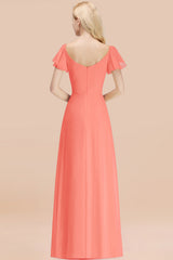 Elegant V Neck Short Sleeves Chiffon A-line Long Coral Bridesmaid Dress