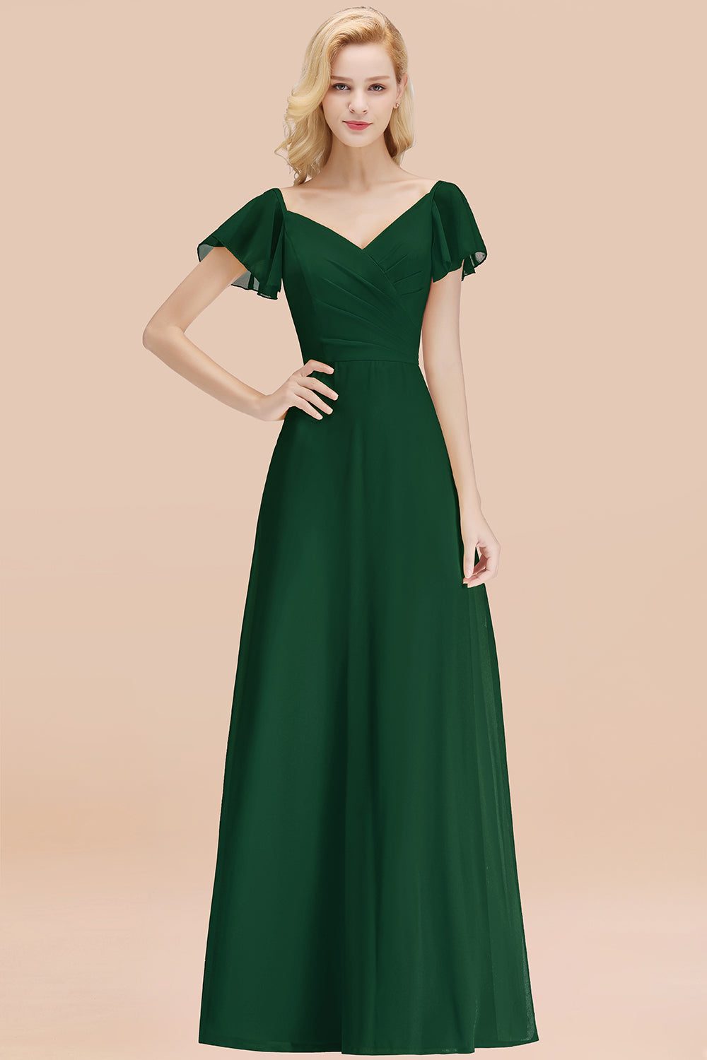 Elegant V Neck Short Sleeves Chiffon A-line Long Dark Green Bridesmaid Dress