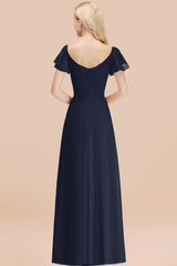Elegant V Neck Short Sleeves Chiffon A-line Long Dark Navy Bridesmaid Dress