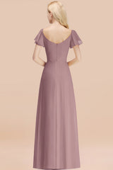 Elegant V Neck Short Sleeves Chiffon A-line Long Dusk Bridesmaid Dress