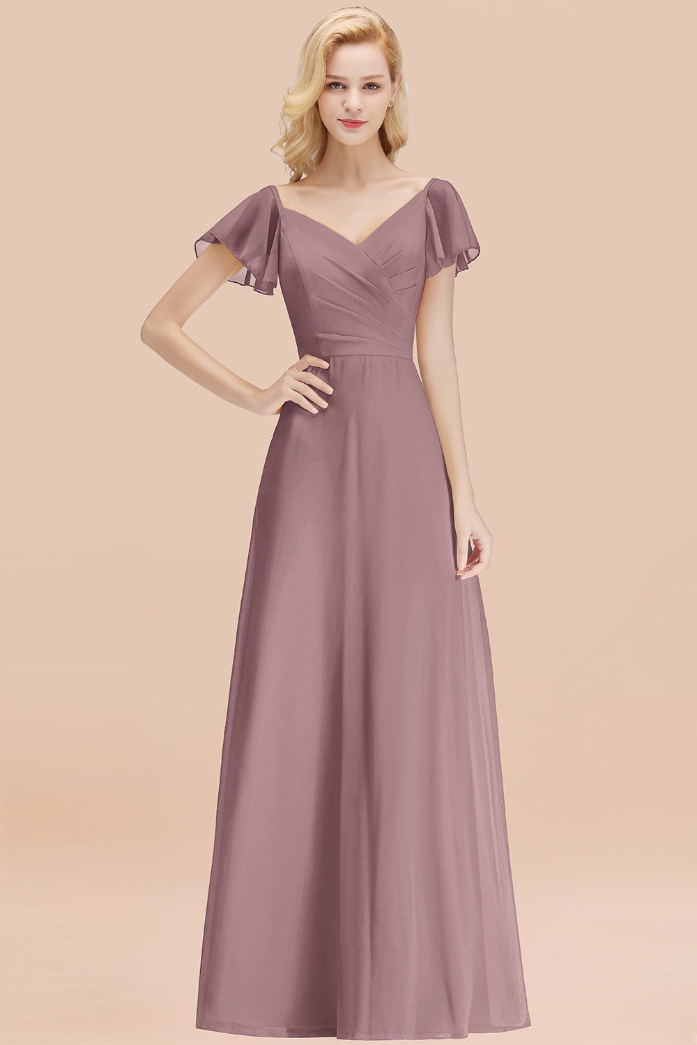 Elegant V Neck Short Sleeves Chiffon A-line Long Dusk Bridesmaid Dress