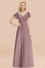 Elegant V Neck Short Sleeves Chiffon A-line Long Dusk Bridesmaid Dress