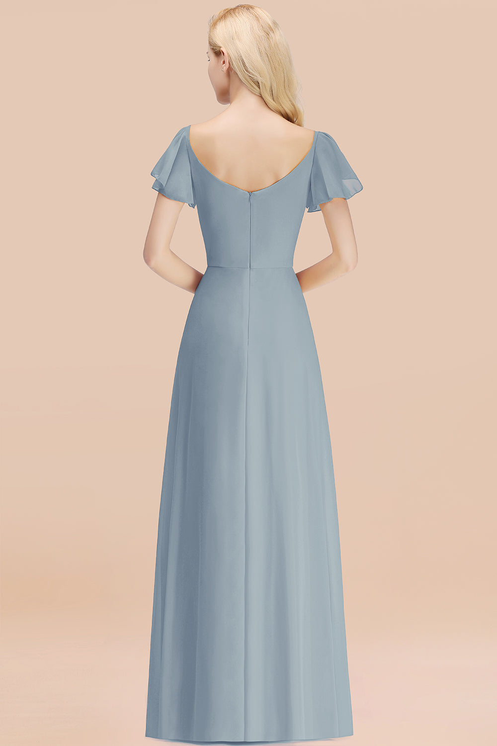 Elegant V Neck Short Sleeves Chiffon A-line Long Dusty Blue Bridesmaid Dress