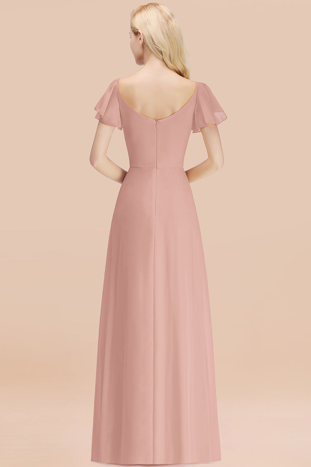 Elegant V Neck Short Sleeves Chiffon A-line Long Dusty Rose Bridesmaid Dress