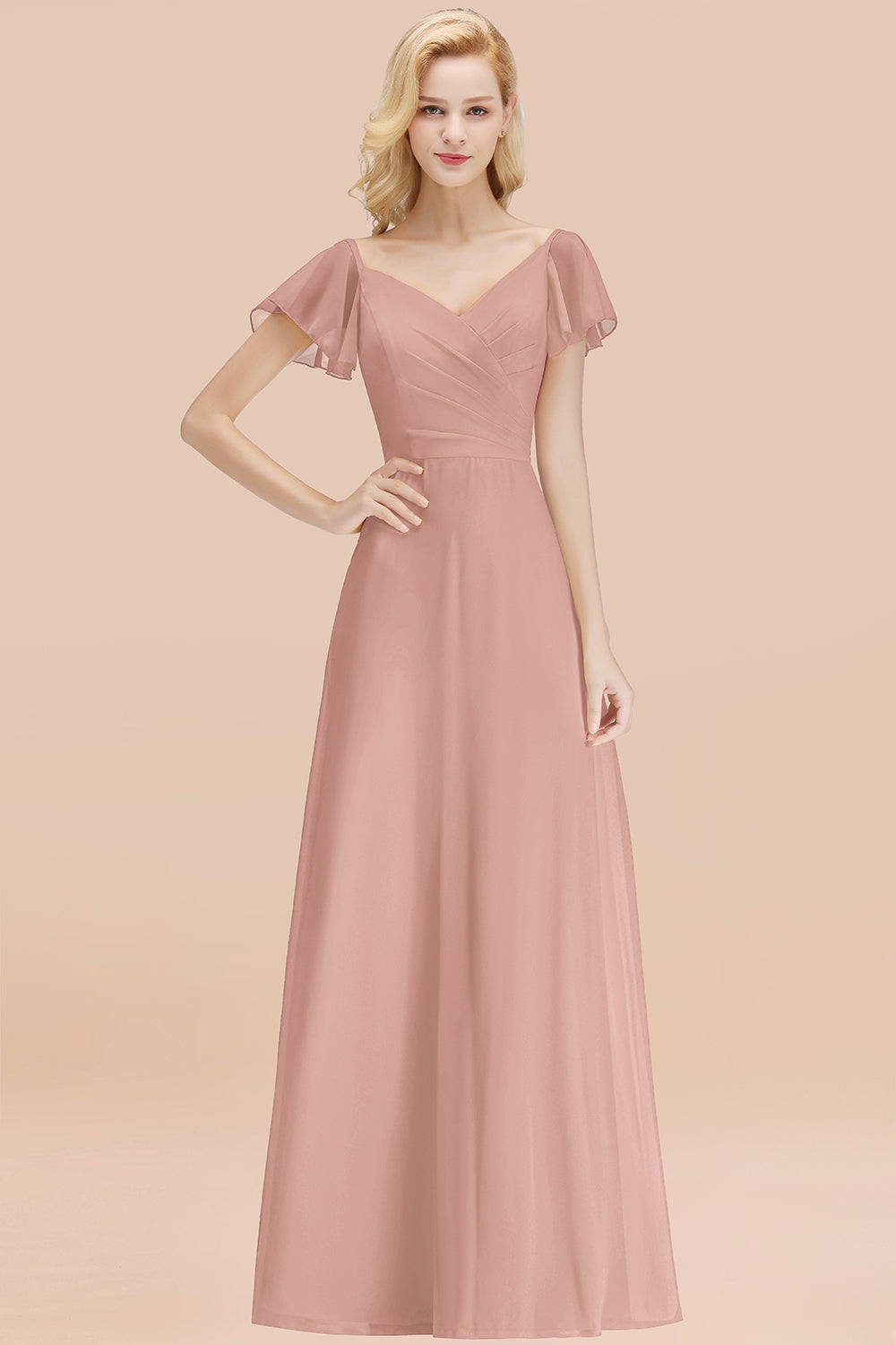 Elegant V Neck Short Sleeves Chiffon A-line Long Dusty Rose Bridesmaid Dress