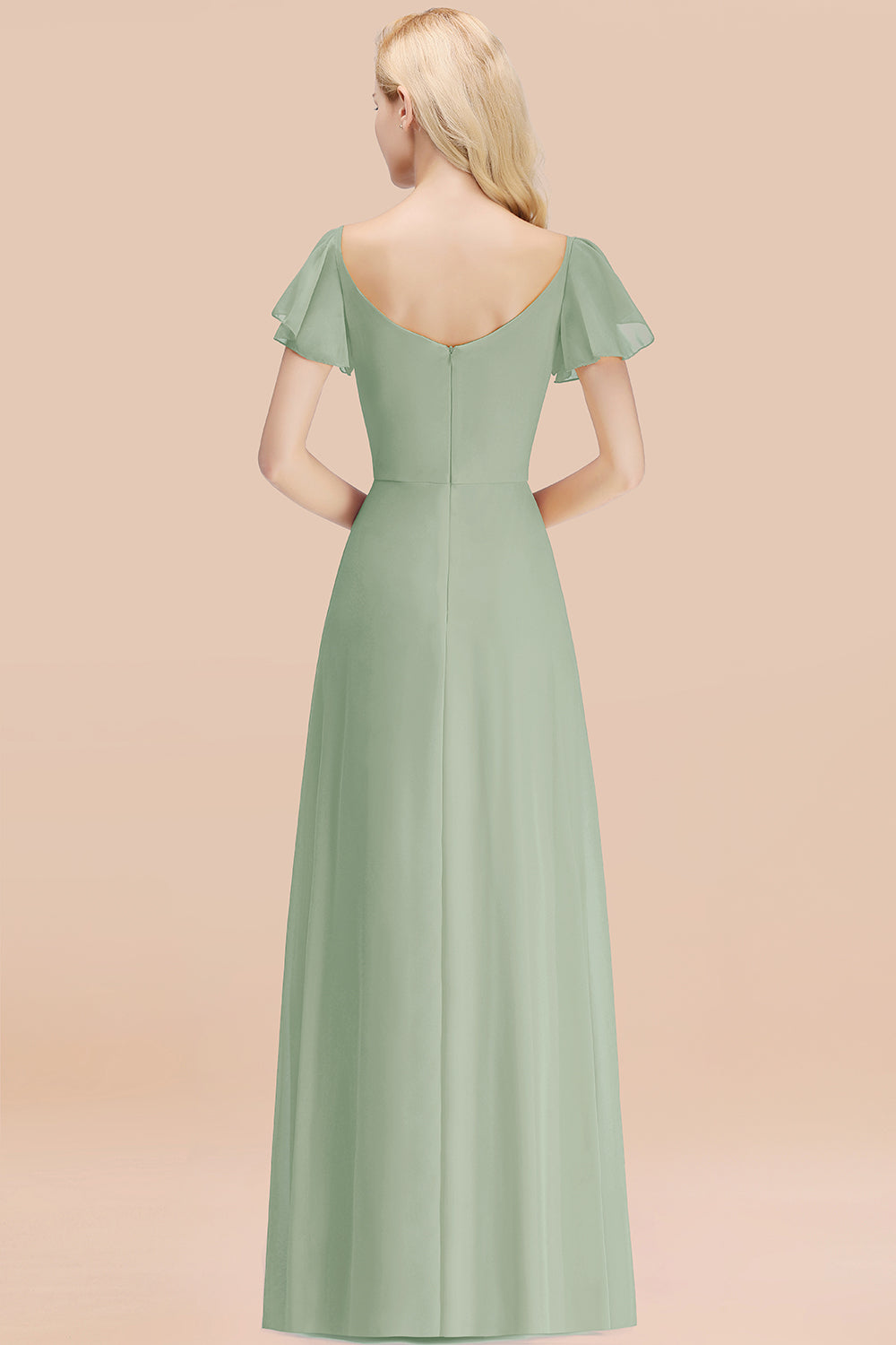 Elegant V Neck Short Sleeves Chiffon A-line Long Dusty Sage Bridesmaid Dress