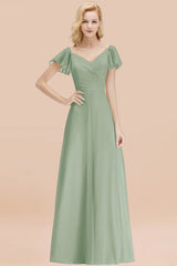 Elegant V Neck Short Sleeves Chiffon A-line Long Dusty Sage Bridesmaid Dress