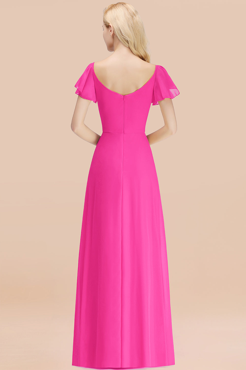 Elegant V Neck Short Sleeves Chiffon A-line Long Fuchsia Bridesmaid Dress