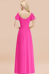 Elegant V Neck Short Sleeves Chiffon A-line Long Fuchsia Bridesmaid Dress