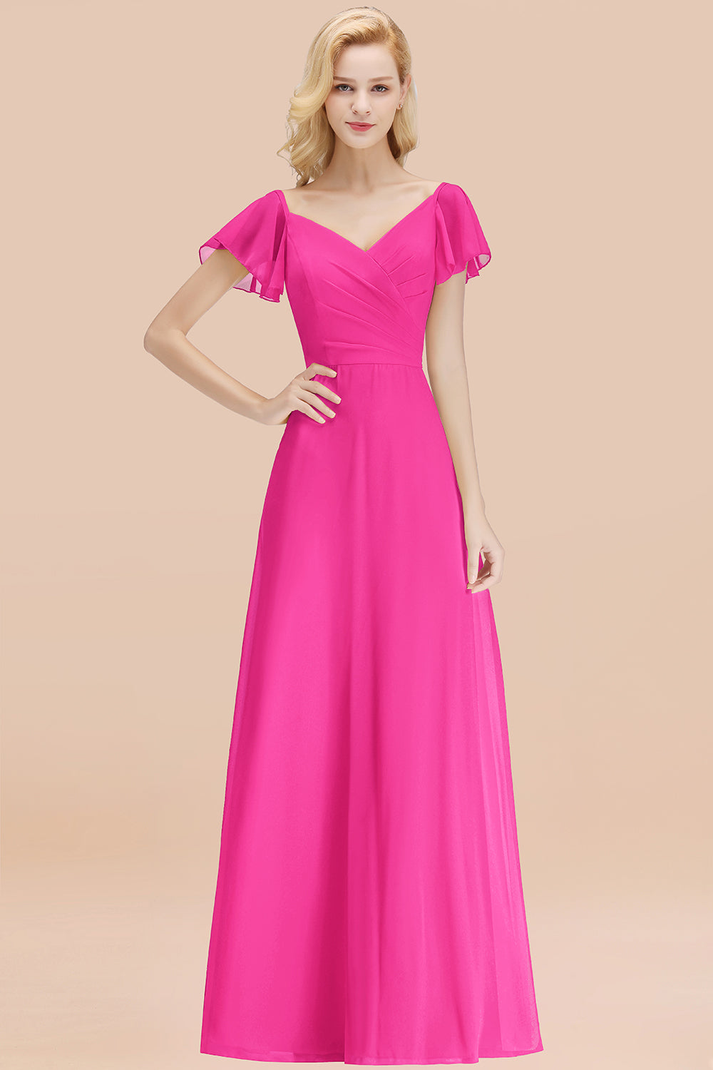 Elegant V Neck Short Sleeves Chiffon A-line Long Fuchsia Bridesmaid Dress