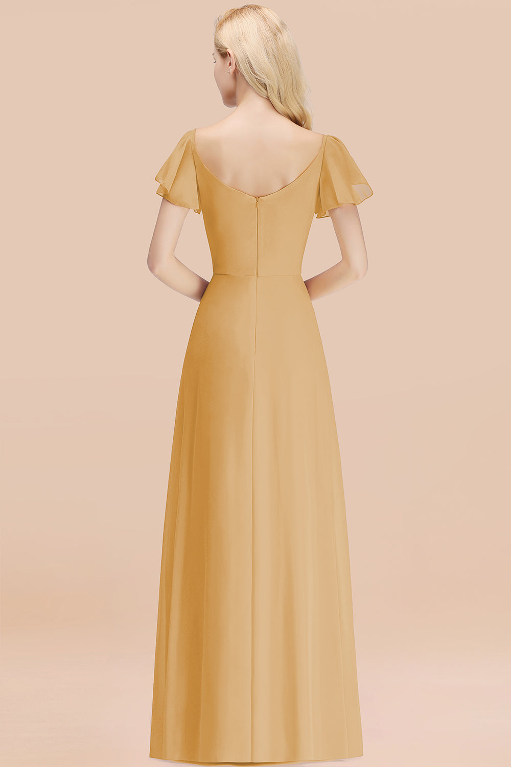 Elegant V Neck Short Sleeves Chiffon A-line Long Gold Bridesmaid Dress