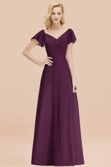 Elegant V Neck Short Sleeves Chiffon A-line Long Grape Bridesmaid Dress