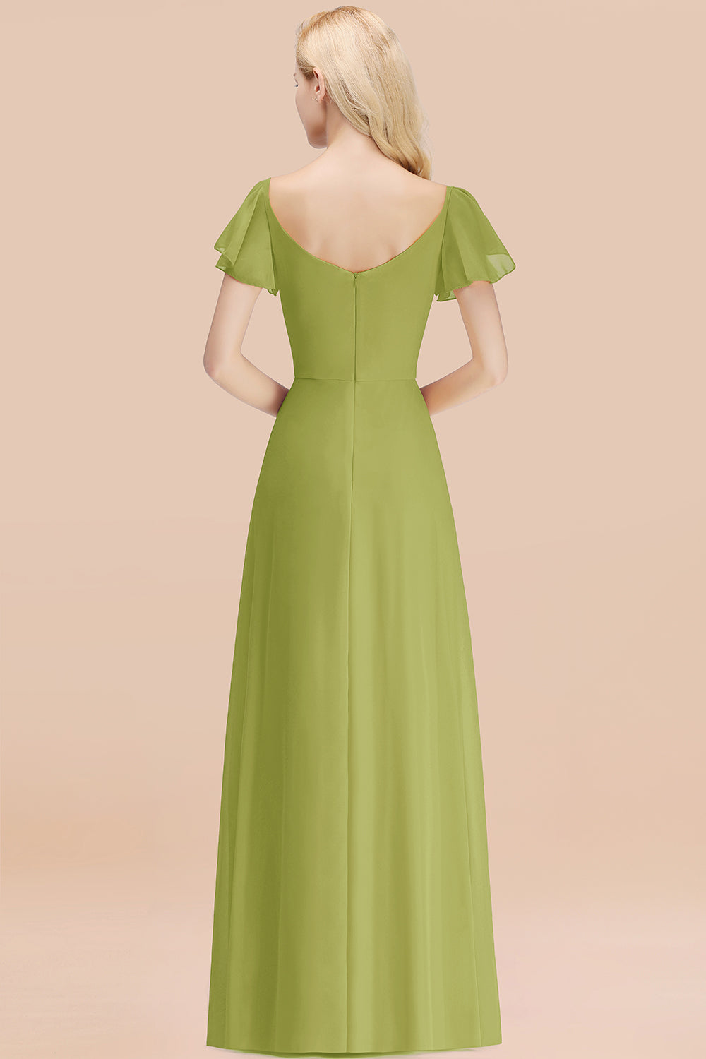 Elegant V Neck Short Sleeves Chiffon A-line Long Green Bridesmaid Dress