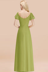 Elegant V Neck Short Sleeves Chiffon A-line Long Green Bridesmaid Dress