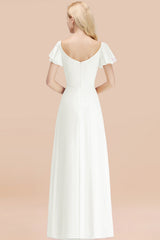 Elegant V Neck Short Sleeves Chiffon A-line Long Ivory Bridesmaid Dress