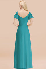 Elegant V Neck Short Sleeves Chiffon A-line Long Jade Bridesmaid Dress