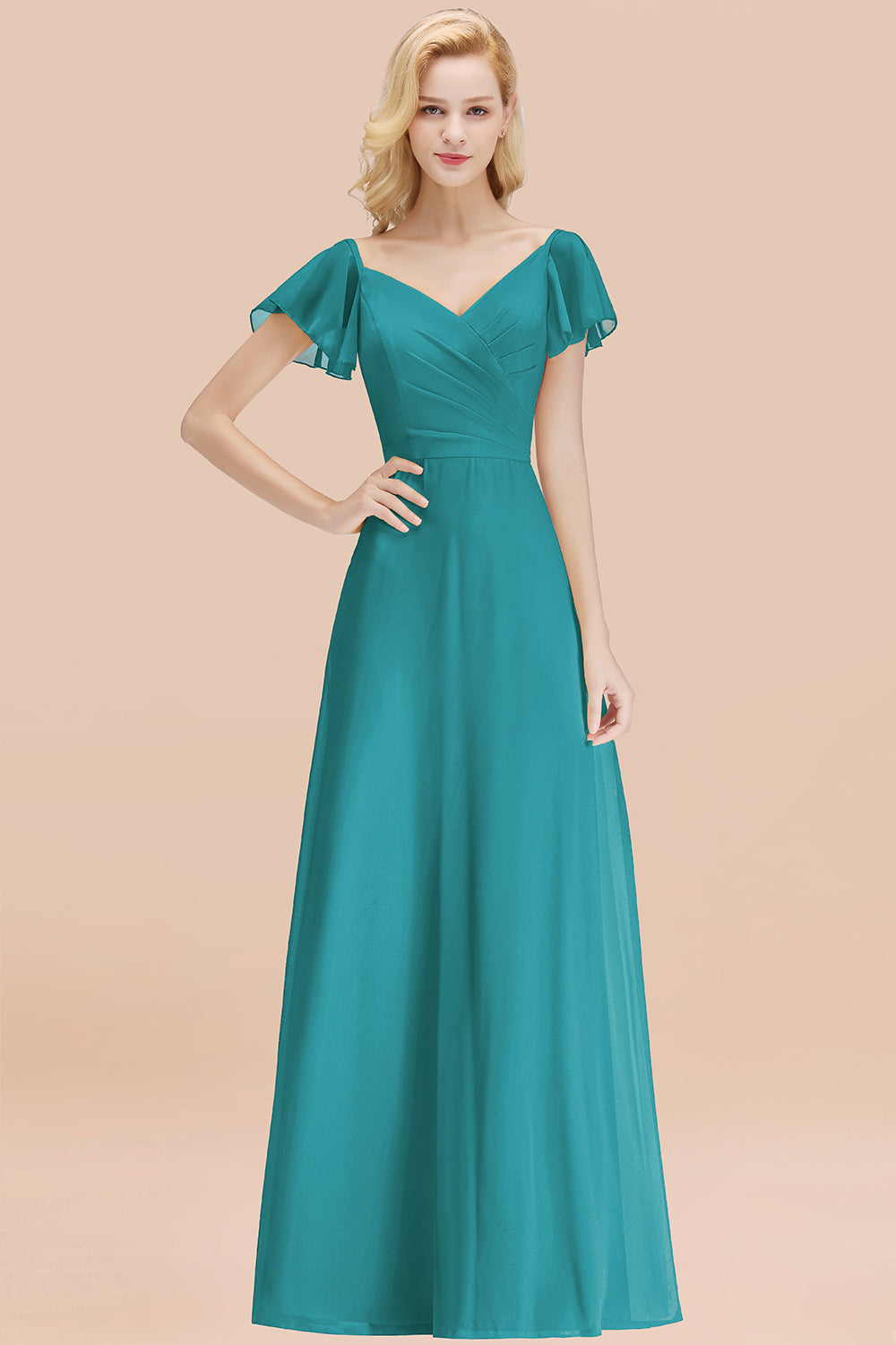 Elegant V Neck Short Sleeves Chiffon A-line Long Jade Bridesmaid Dress