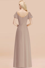 Elegant V Neck Short Sleeves Chiffon A-line Long Khaki Bridesmaid Dress