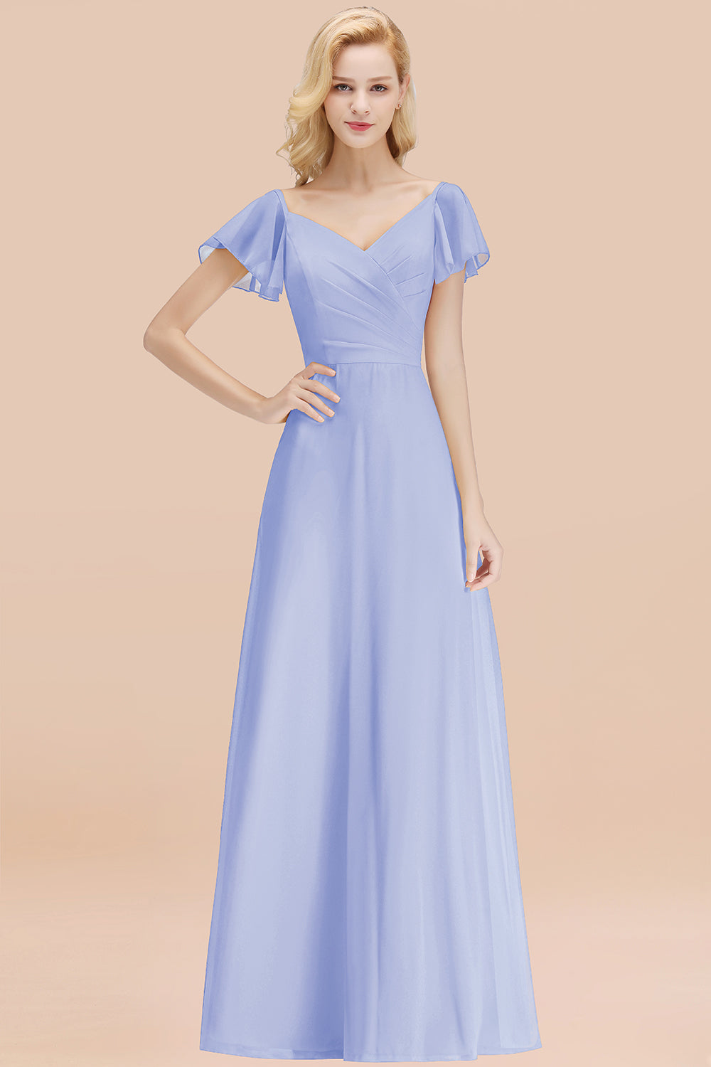 Elegant V Neck Short Sleeves Chiffon A-line Long Lavender Bridesmaid Dress