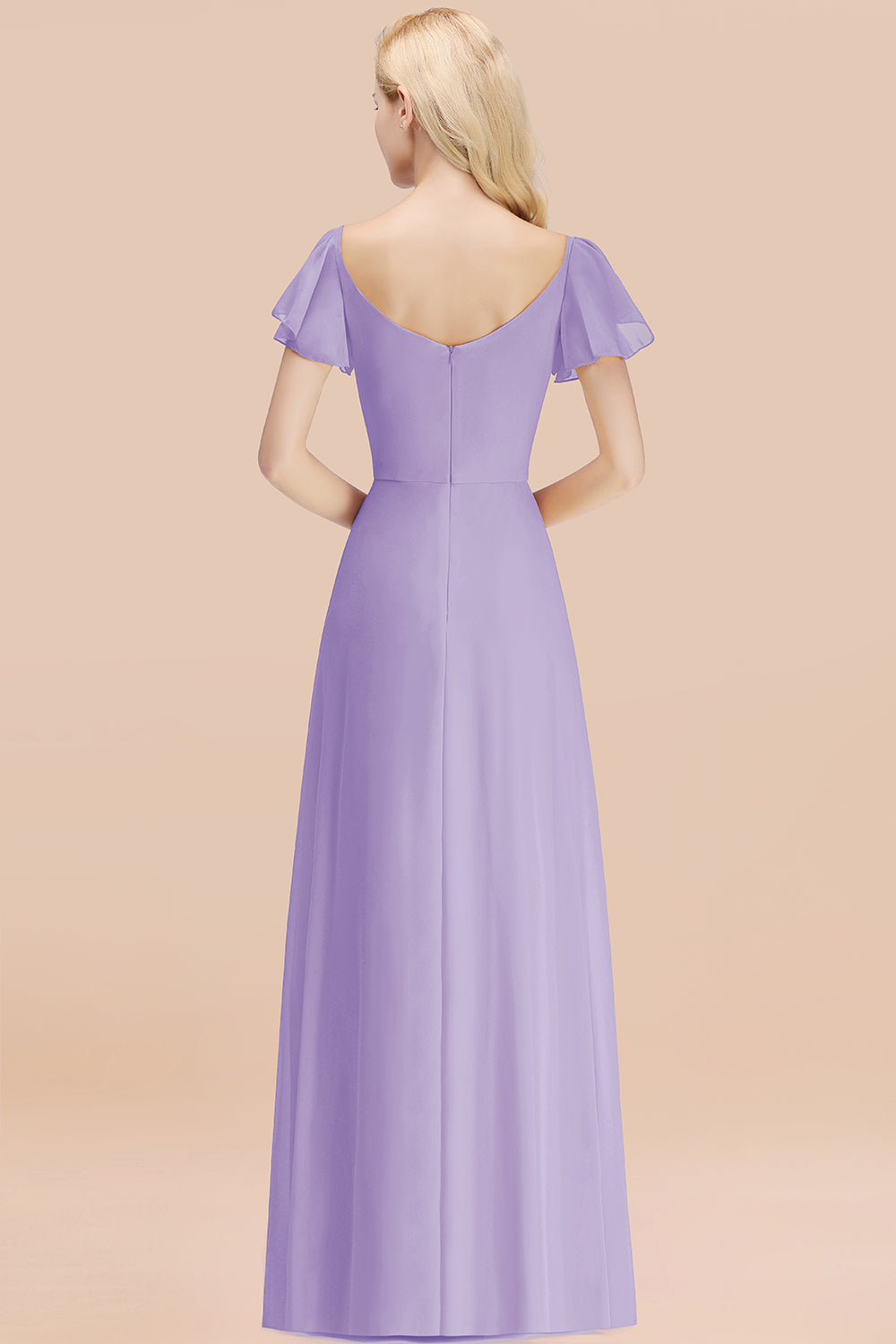 Elegant V Neck Short Sleeves Chiffon A-line Long Lilac Bridesmaid Dress
