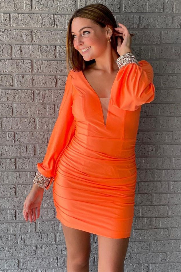 Elegant Long Sleeves Orange Short Mermaid V-neck Party Dress