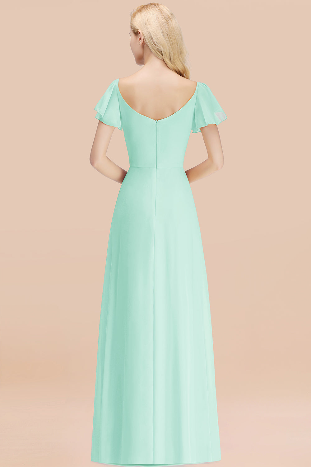 Elegant V Neck Short Sleeves Chiffon A-line Long Mint Bridesmaid Dress
