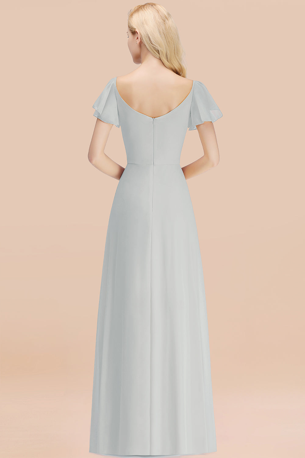 Elegant V Neck Short Sleeves Chiffon A-line Long Mist Bridesmaid Dress