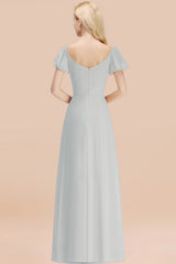Elegant V Neck Short Sleeves Chiffon A-line Long Mist Bridesmaid Dress