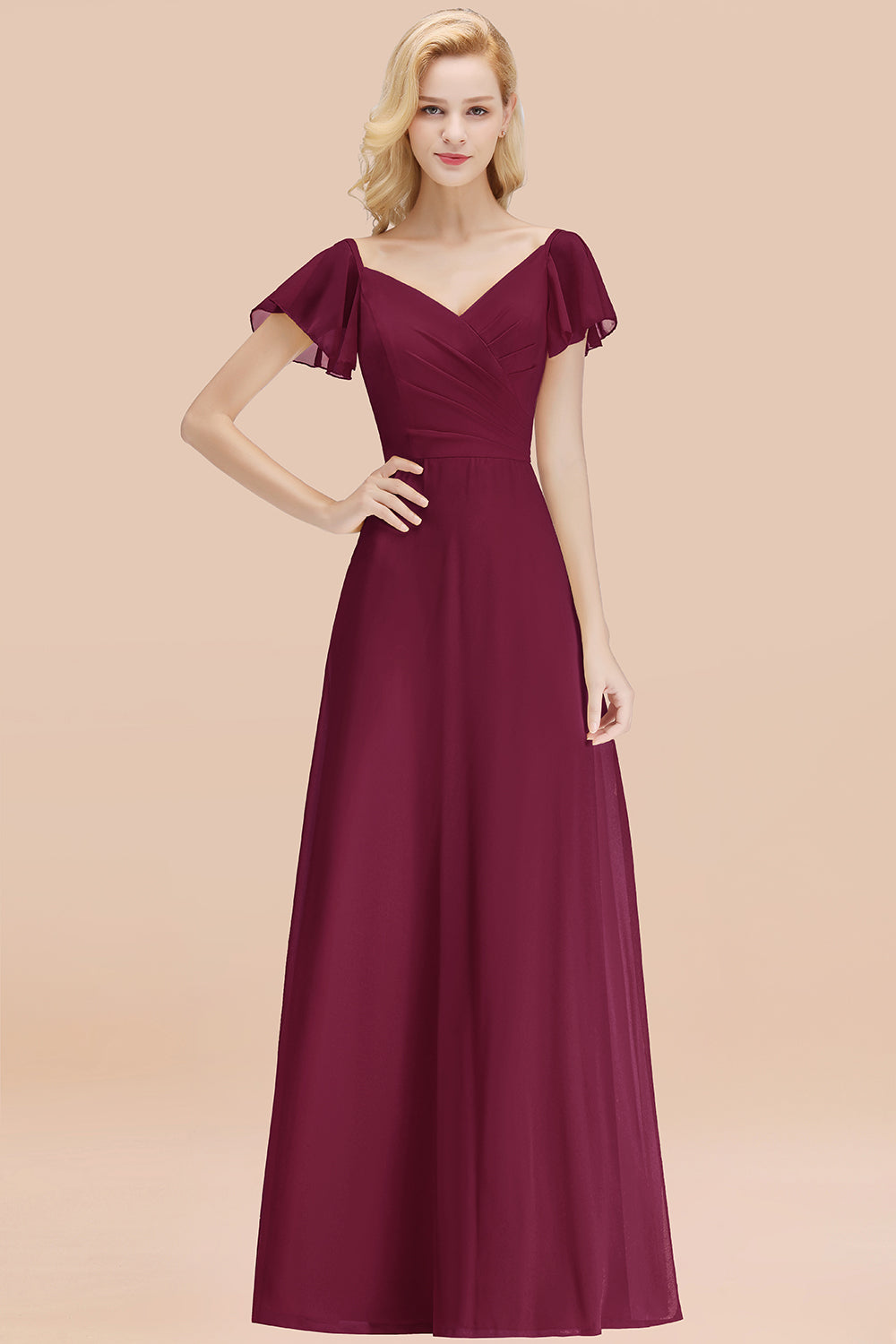 Elegant V Neck Short Sleeves Chiffon A-line Long Mulberry Bridesmaid Dress