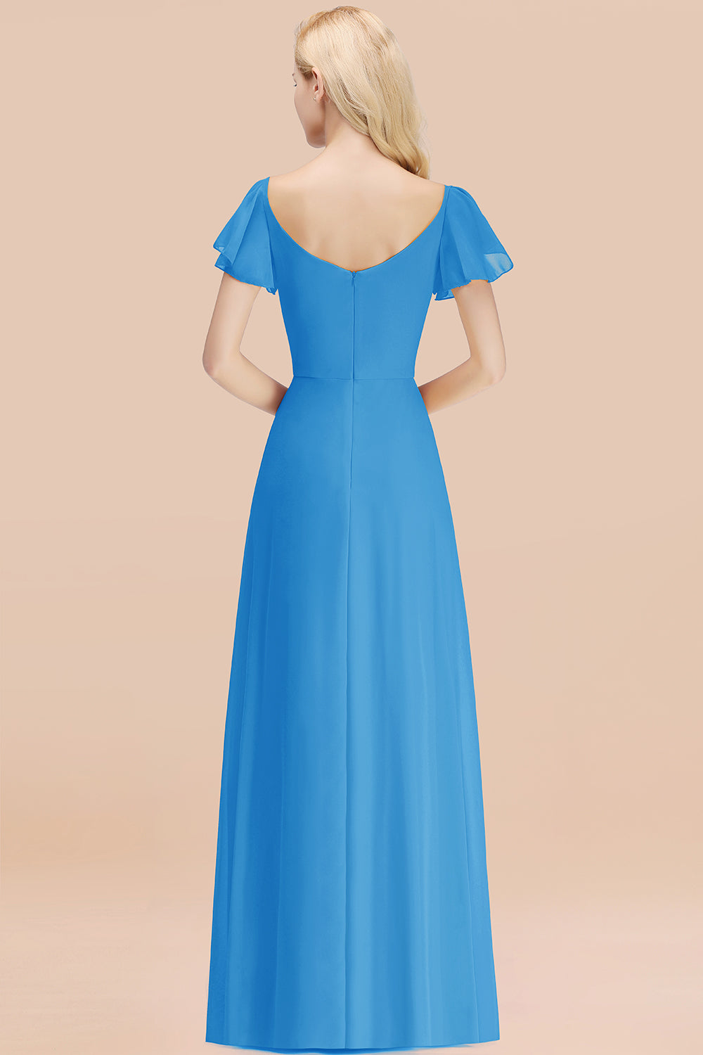 Elegant V Neck Short Sleeves Chiffon A-line Long Ocean Blue Bridesmaid Dress