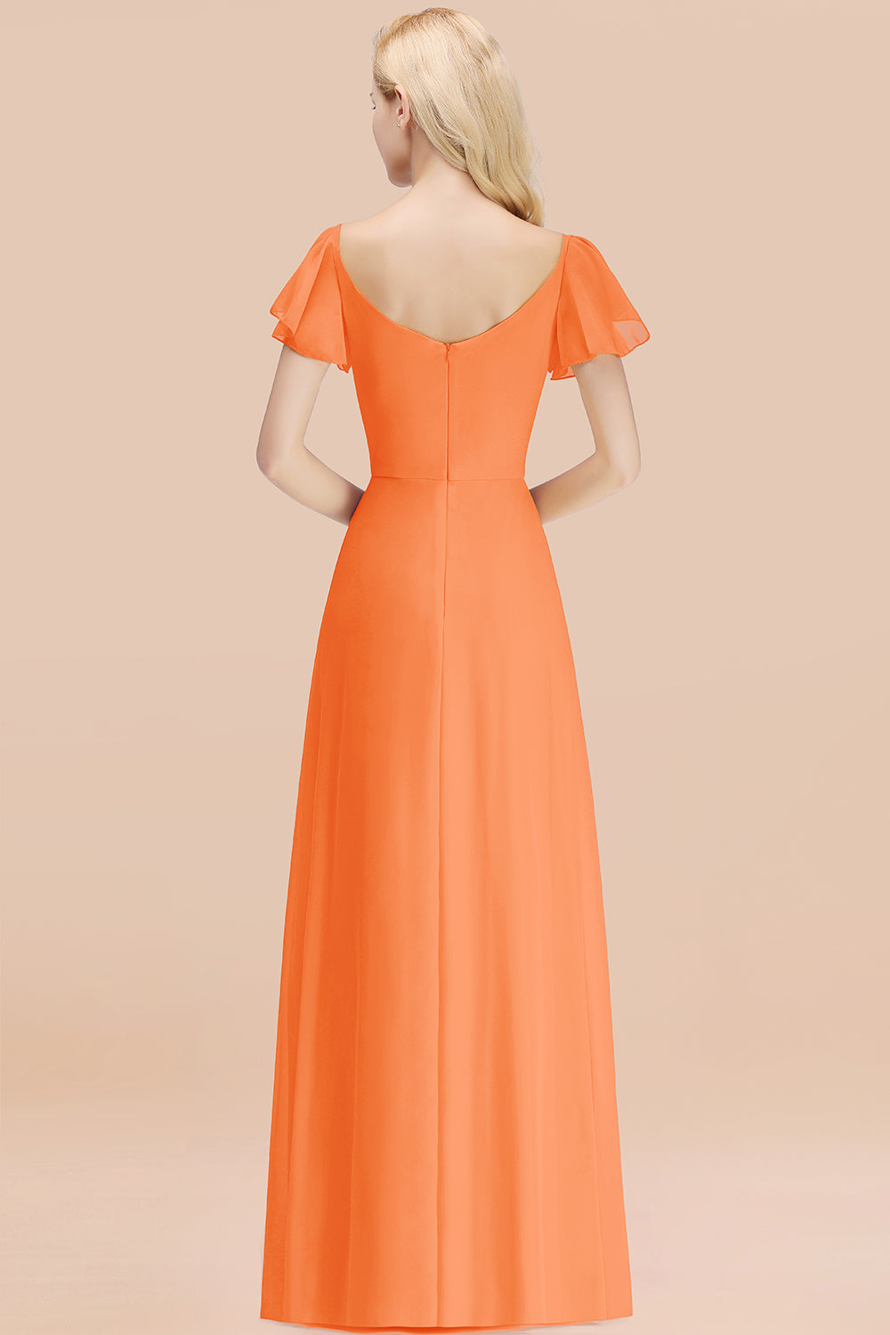 Elegant V Neck Short Sleeves Chiffon A-line Long Orange Bridesmaid Dress