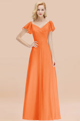 Elegant V Neck Short Sleeves Chiffon A-line Long Orange Bridesmaid Dress