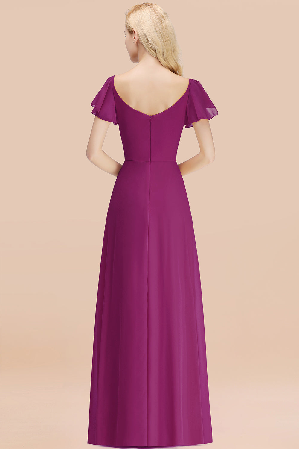 Elegant V Neck Short Sleeves Chiffon A-line Long Orchid Bridesmaid Dress