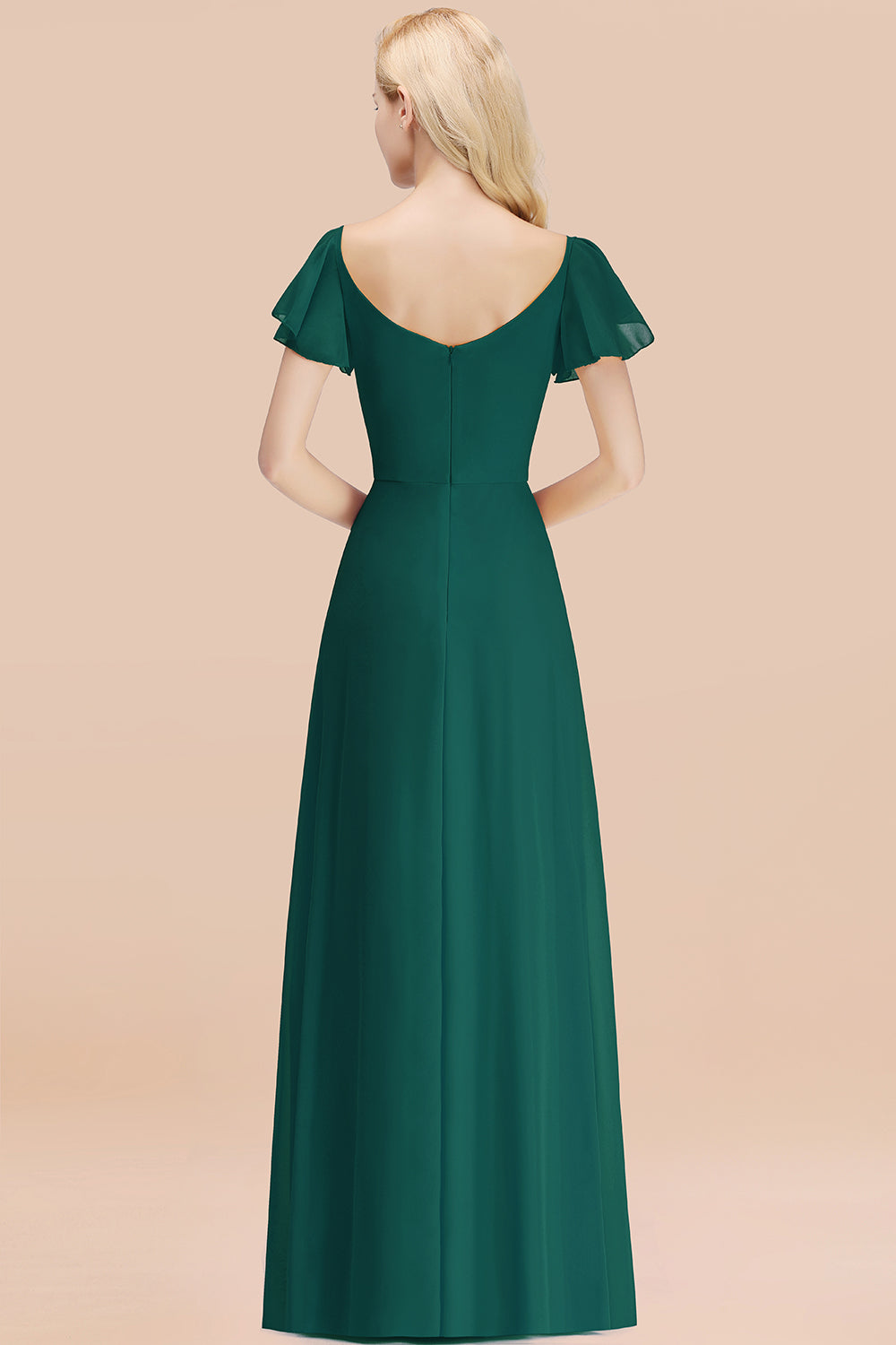 Elegant V Neck Short Sleeves Chiffon A-line Long Peacock Bridesmaid Dress