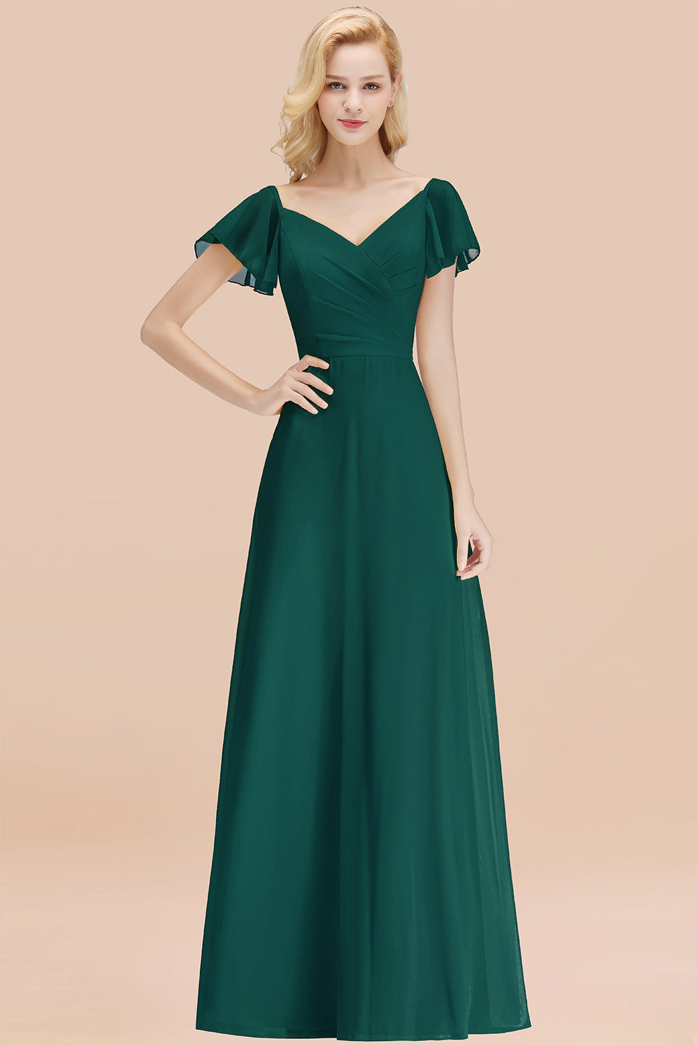 Elegant V Neck Short Sleeves Chiffon A-line Long Peacock Bridesmaid Dress