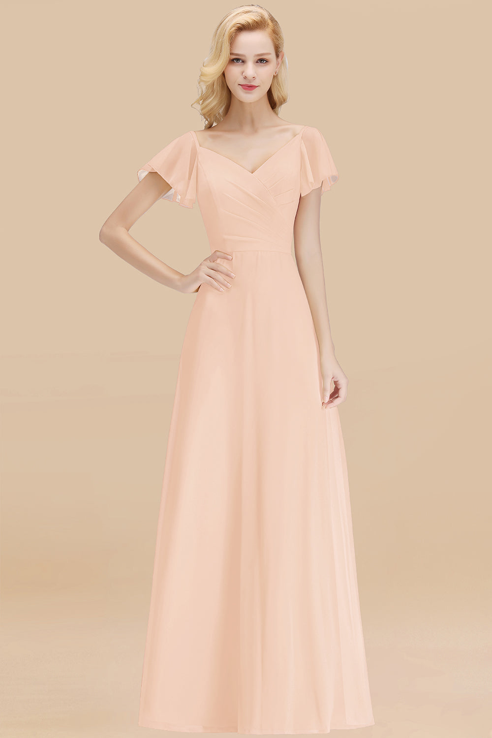 Elegant V Neck Short Sleeves Chiffon A-line Long Pearl Pink Bridesmaid Dress