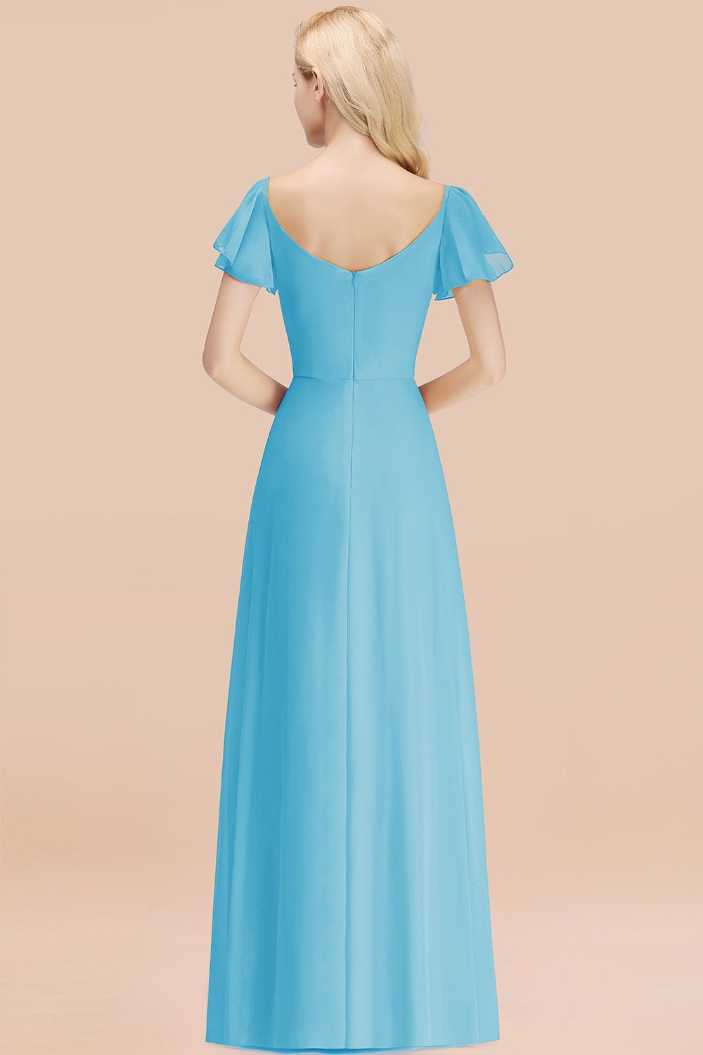 Elegant V Neck Short Sleeves Chiffon A-line Long Pool Bridesmaid Dress