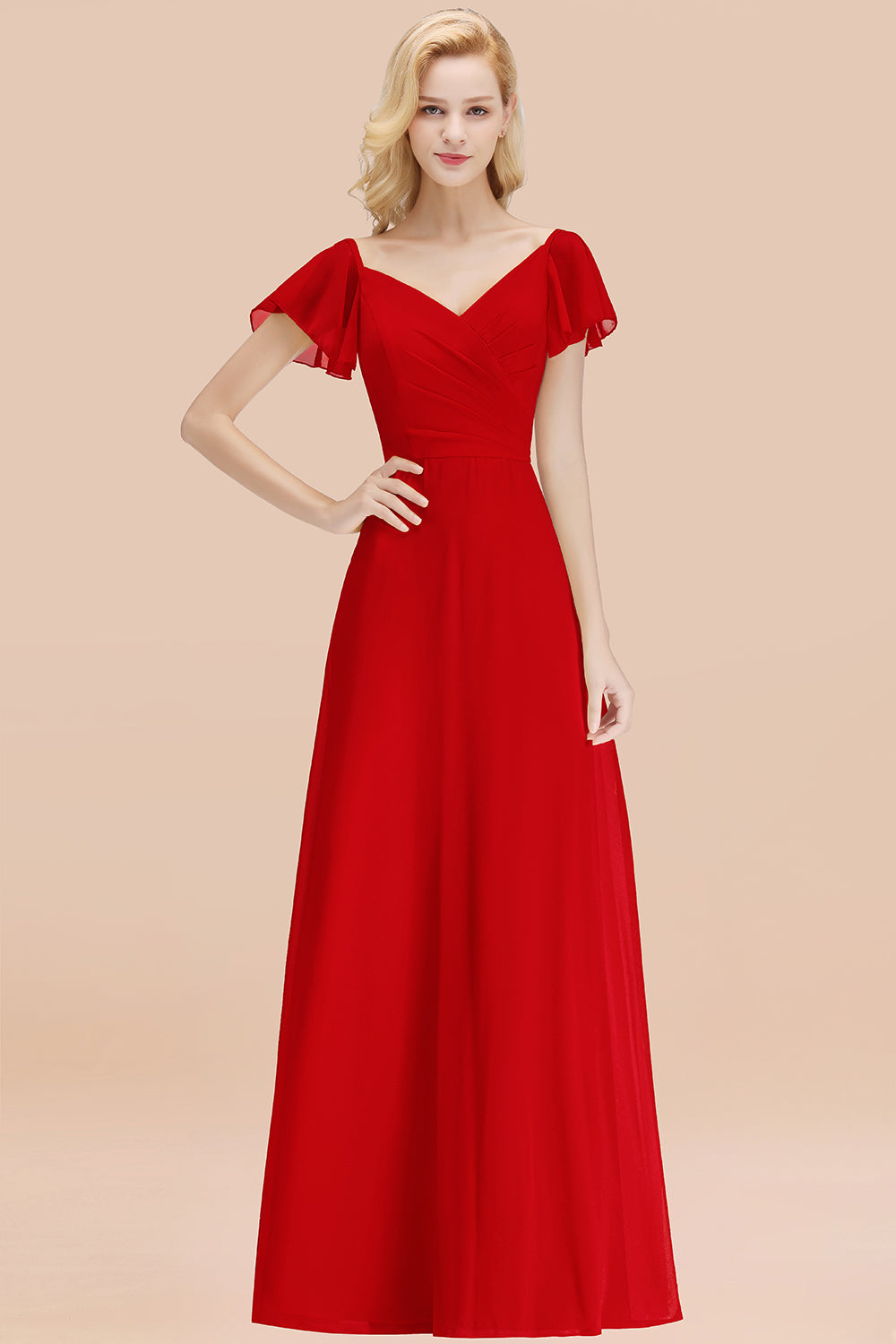 Elegant V Neck Short Sleeves Chiffon A-line Long Red Bridesmaid Dress