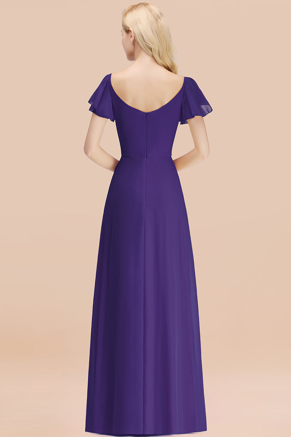 Elegant V Neck Short Sleeves Chiffon A-line Long Regency Bridesmaid Dress