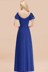 Elegant V Neck Short Sleeves Chiffon A-line Long Royal Blue Bridesmaid Dress
